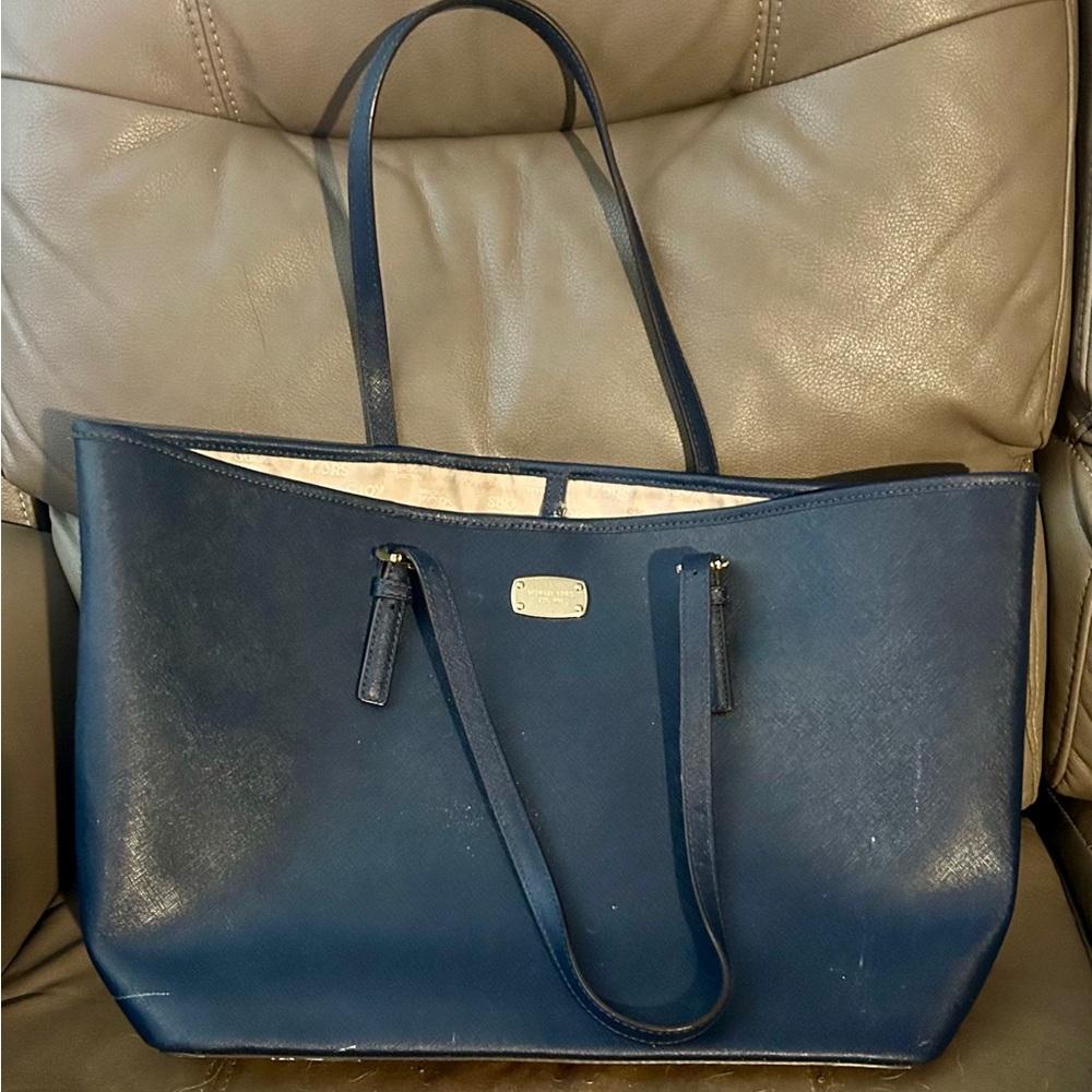 Michael Kors Navy Saffiano Tote with Gold Logo Plate